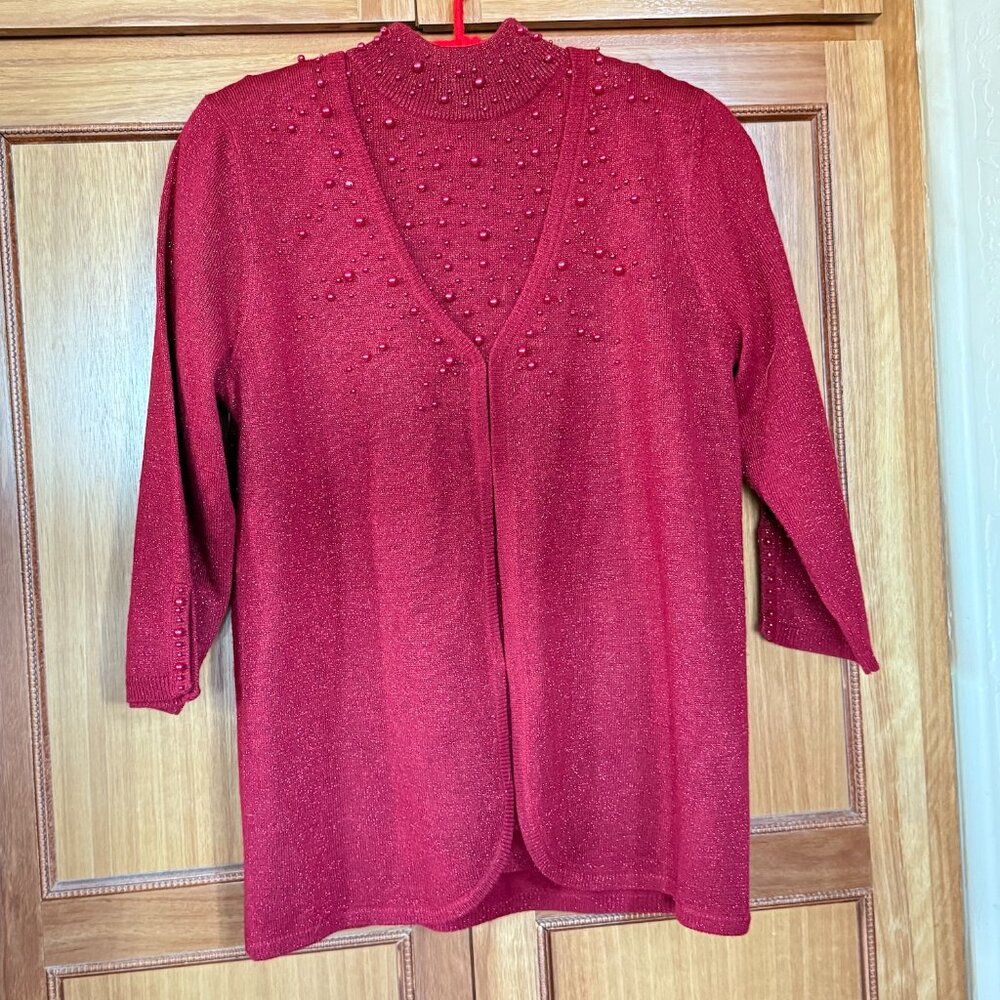 Red/Raspberry Sweater Set 3/4 Slit Sleeves, Beaded Accents, Hook and Eye Fasten